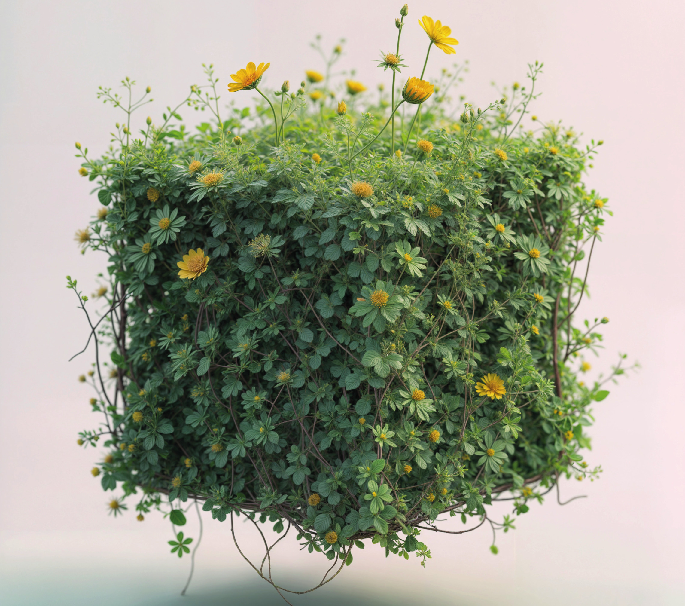 Cubo vegetal con flores amarillas