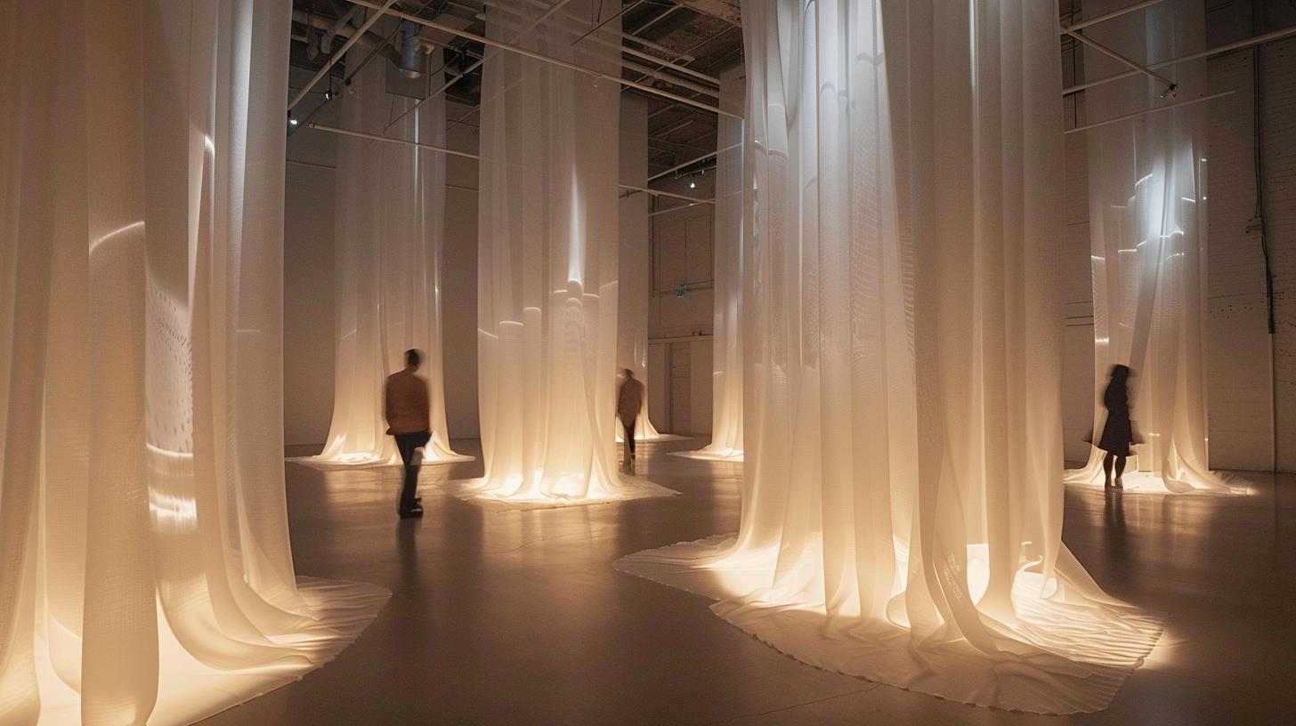 Personas recorren un paisaje de cortinas iluminadas